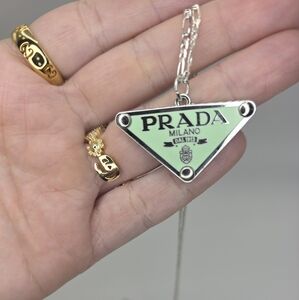 Authentic PRADA Silver White  Triangle Pendant Necklace On 24' Figuaro